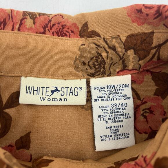 Rose Printed Button Up Shirt Long Sleeves Brown White Stage Top - Picture 3 of 9